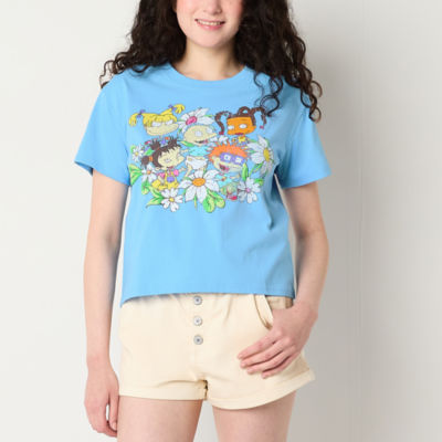 Juniors Puffed Flowers Cropped Tee Womens Crew Neck Short Sleeve Rugrats Graphic T-Shirt