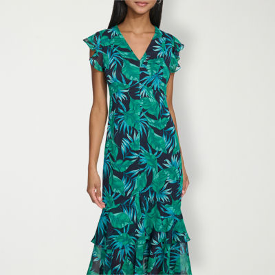 Marc New York Printed Womens Short Sleeve Leaf Midi Shift Dress