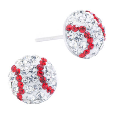 Silver Treasures Baseball Red Crystal Sterling Silver 9mm Stud Earrings