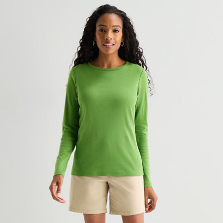 St. John's Bay Womens Crew Neck Long Sleeve T-Shirt, Large, Green