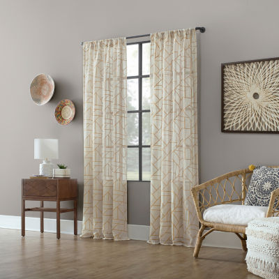 Archaeo Jigsaw Embroidery Linen Blend Rod Pocket Sheer Single Curtain Panel