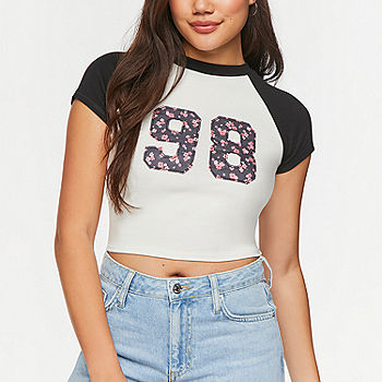 Forever 21 Graphic Baby Tee Womens Neck Short Sleeve Crop Top Juniors, Color: Black-multi - JCPenney