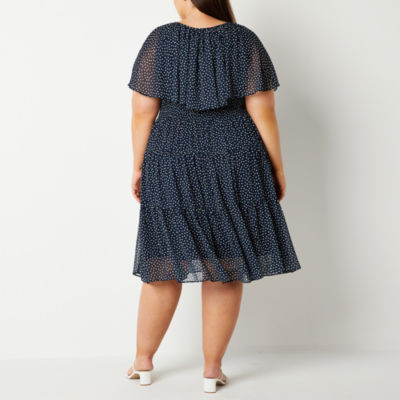 Danny & Nicole Plus Short Sleeve Pin Dot Midi Fit + Flare Dress