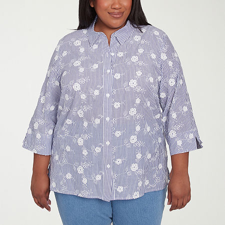 Alfred Dunner Plus Flower Power Womens 3/4 Sleeve Button-Down Shirt, 3x, Blue