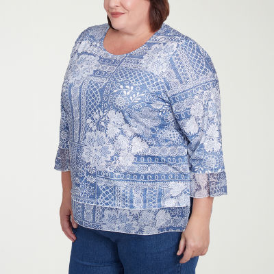 Alfred Dunner Flower Power Womens Plus Crew Neck 3/4 Sleeve Stretch Fabric T-Shirt