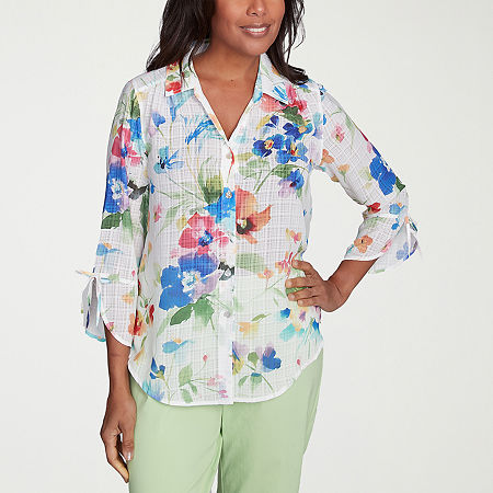 Alfred Dunner Parrot Cay Womens 3/4 Sleeve Button-Down Shirt