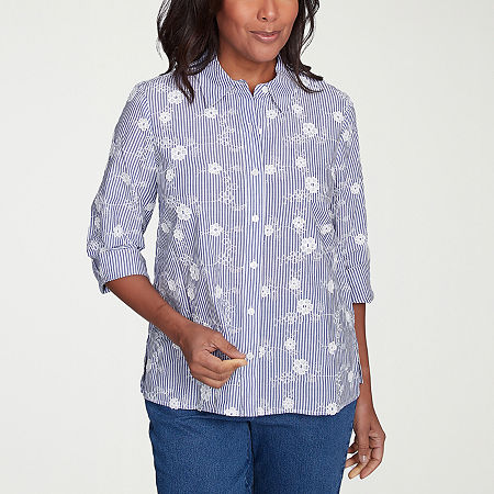 Alfred Dunner Flower Power Womens 3/4 Sleeve Button-Down Shirt