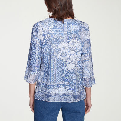 Alfred Dunner Flower Power Womens Crew Neck 3/4 Sleeve Stretch Fabric T-Shirt