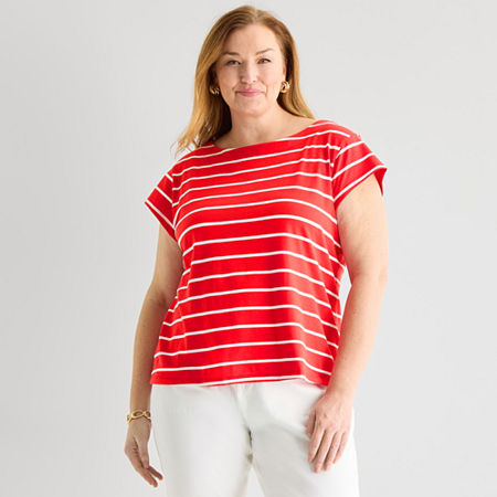Liz Claiborne Womens Plus Boat Neck Short Sleeve Blouse