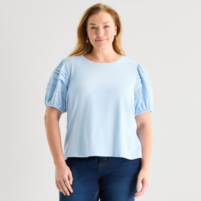 Liz Claiborne Womens Plus Round Neck Short Sleeve Blouse