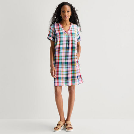 St. John's Bay Womens V Neck Short Sleeve Plaid Shift Dress