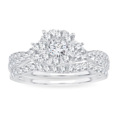 Womens 1 CT. T.W. Natural White Diamond 14K White Gold Round Side Stone Halo Bridal Set