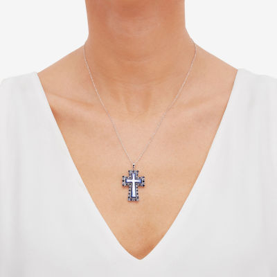 Womens Blue Mother Of Pearl Sterling Silver Cross 18 Inch Pendant Necklace