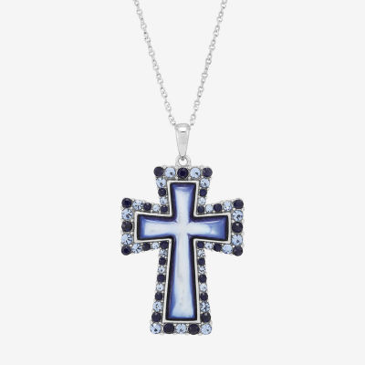 Womens Blue Mother Of Pearl Sterling Silver Cross 18 Inch Pendant Necklace