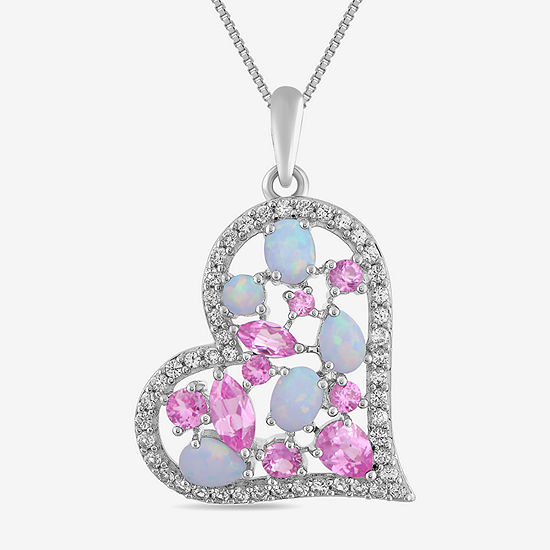 Womens Lab Created White Opal Sterling Silver Heart Pendant Necklace