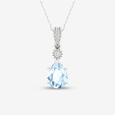 Womens Diamond Accent Genuine Blue Aquamarine 10K Gold Pear Pendant Necklaces
