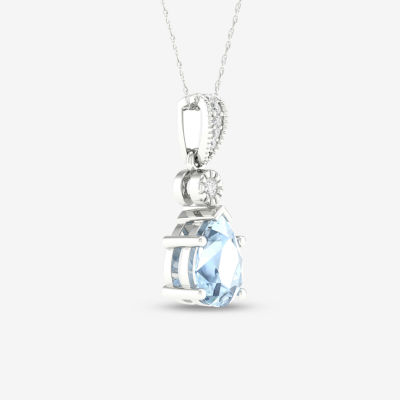 Womens Diamond Accent Genuine Blue Aquamarine 10K Gold Pear Pendant Necklaces