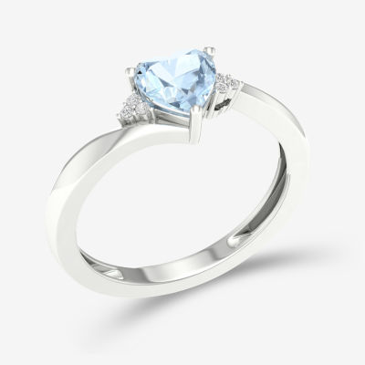 Womens Genuine Blue Aquamarine 10K Gold Heart Cocktail Ring