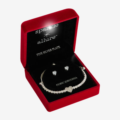 Sparkle Allure Light Up Box -pc. Cubic Zirconia Pure Silver Over Brass Heart Jewelry Set