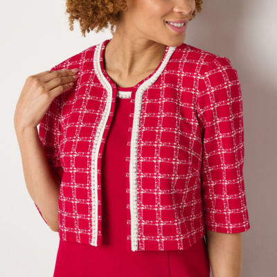 Maya Brooke Womens Pearl Trim Plaid Jacket Dress