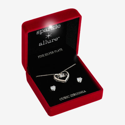Sparkle Allure Light Up Box -pc. Cubic Zirconia Pure Silver Over Brass Heart Jewelry Set