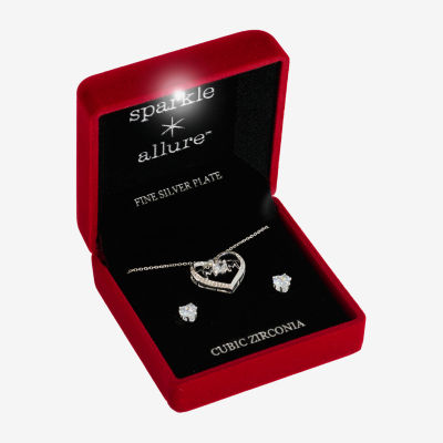 Sparkle Allure Light Up Box 2-pc. Cubic Zirconia Pure Silver Over Brass Heart Jewelry Set