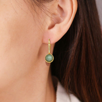 Genuine Green Jade 18K Gold Over Silver Round Drop Earrings