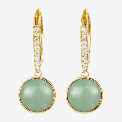 Genuine Green Jade 18K Gold Over Silver Round Drop Earrings