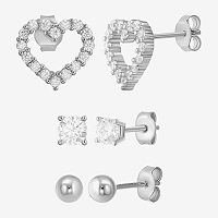 White Cubic Zirconia Sterling Silver Heart 3 Pair Earring Set, One Size
