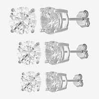 White Cubic Zirconia Sterling Silver Round 3 Pair Earring Set, One Size