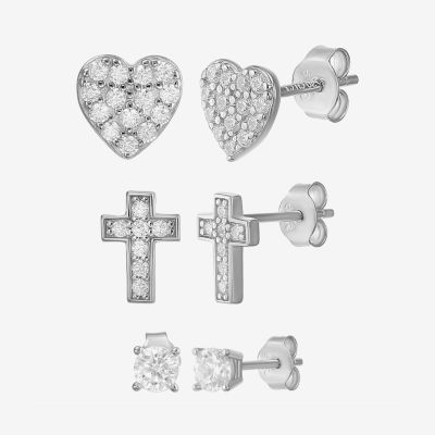 White Cubic Zirconia Sterling Silver Cross Heart Round 3 Pair Earring Set