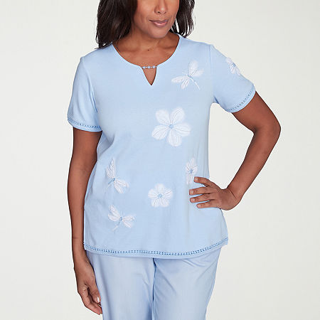 Alfred Dunner Womens Split Crew Neck Short Sleeve T-Shirt, Petite X-large, Blue