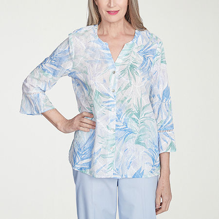 Alfred Dunner St Thomas Womens 3/4 Sleeve Embroidered Button-Down Shirt
