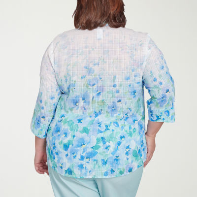 Alfred Dunner Womens 3/4 Sleeve Cuffed Sleeve Plus Button-Down Shirt