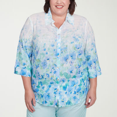 Alfred Dunner Womens 3/4 Sleeve Cuffed Plus Button-Down Shirt