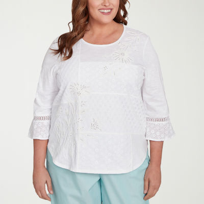 Alfred Dunner St Thomas Womens Plus Crew Neck 3/4 Sleeve Blouse