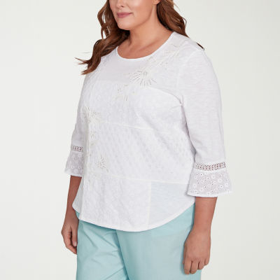 Alfred Dunner St Thomas Womens Plus Crew Neck 3/4 Sleeve Blouse