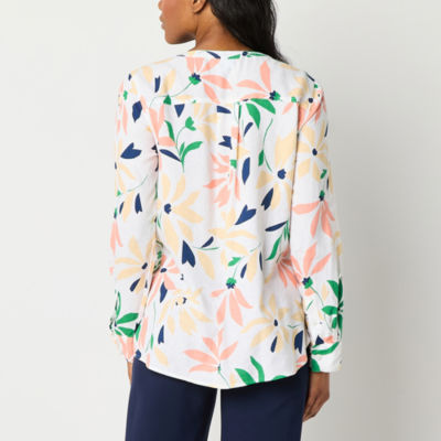 Liz Claiborne Womens Tall Split Crew Neck Roll Tab 3/4 Sleeve Regular Fit Button-Down Shirt