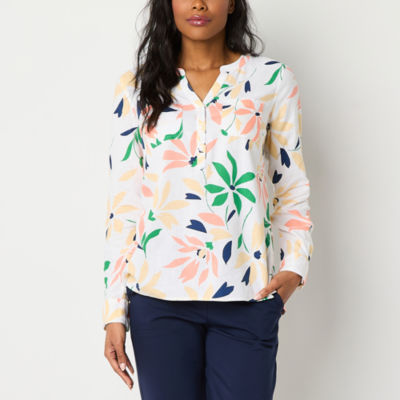 Liz Claiborne Womens Tall Split Crew Neck Roll Tab 3/4 Sleeve Regular Fit Button-Down Shirt