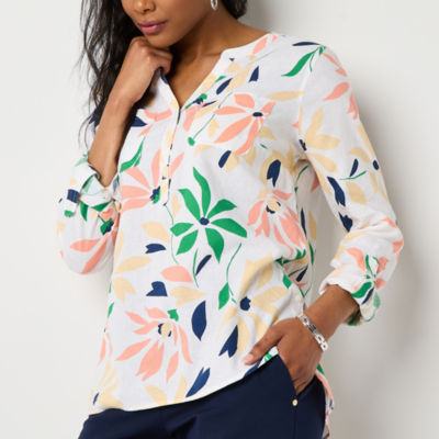 Liz Claiborne Womens Tall Split Crew Neck Roll Tab 3/4 Sleeve Regular Fit Button-Down Shirt