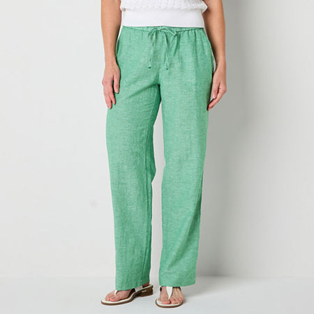 Liz Claiborne Linen Womens Mid Rise Wide Leg Drawstring Pants, Small, Green