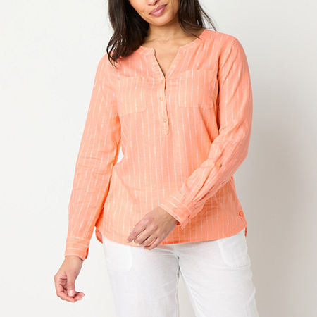 Liz Claiborne Womens Split Crew Neck Long Sleeve Blouse, Small, Orange