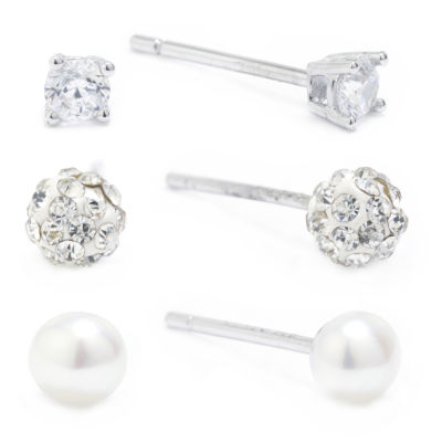 Silver Treasures Womens Cubic Zirconia Cultured Freshwater Pearl Sterling Silver 3 Pair Earring Set
