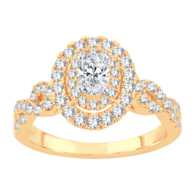 (H-I / I1) Womens 1 CT. T.W. Lab Grown White Diamond 10K Gold Oval Side Stone Halo Engagement Ring