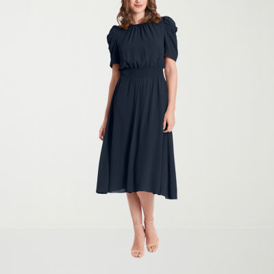 London Times Womens Short Sleeve Midi Fit + Flare Dress