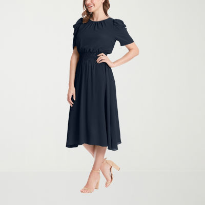 London Times Womens Short Sleeve Midi Fit + Flare Dress