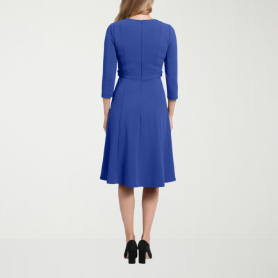 London Times Womens 3/4 Sleeve Midi Fit + Flare Dress