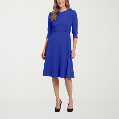 London Times Womens 3/4 Sleeve Midi Fit + Flare Dress