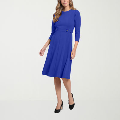 London Times Womens 3/4 Sleeve Midi Fit + Flare Dress