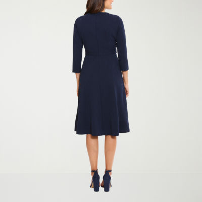 London Times Womens 3/4 Sleeve Midi Fit + Flare Dress